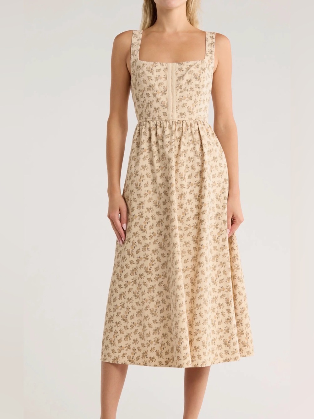 Moon River Anthropologie Beige Floral A-line Midi Dress Cottagecore Girlhood
